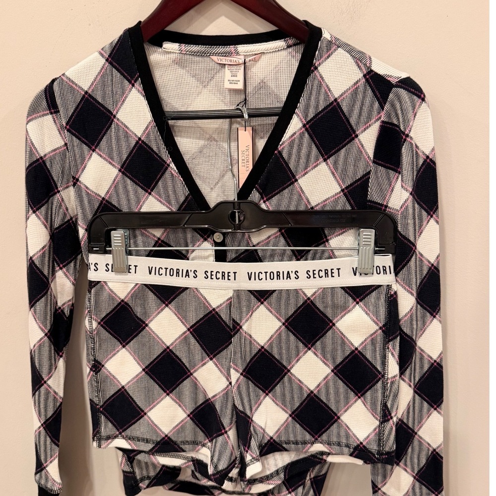 Victorias Secret Pajama Set XS Thermal Waffle Knit Plaid Henley Top and Shorts